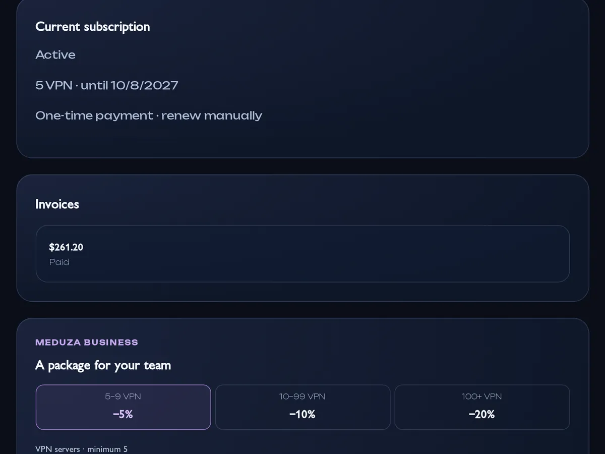 Subscription section: current package and company invoices